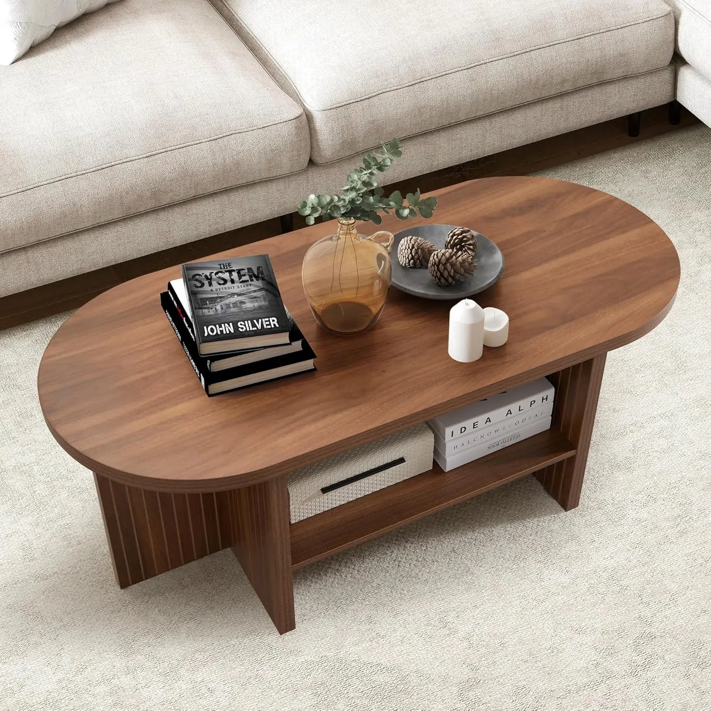Oval Minimalist Farmhouse Coffee Table With Storage