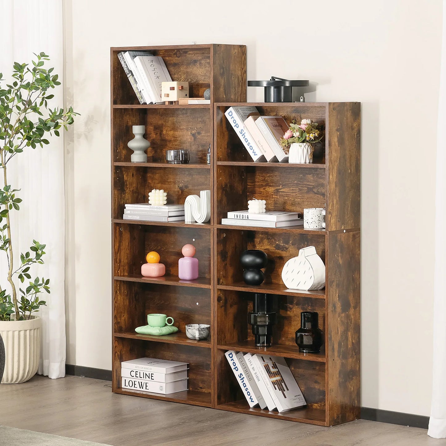 JHK 6 Tier Wooden Shelf Bookcase Floor Standing Storage Unit