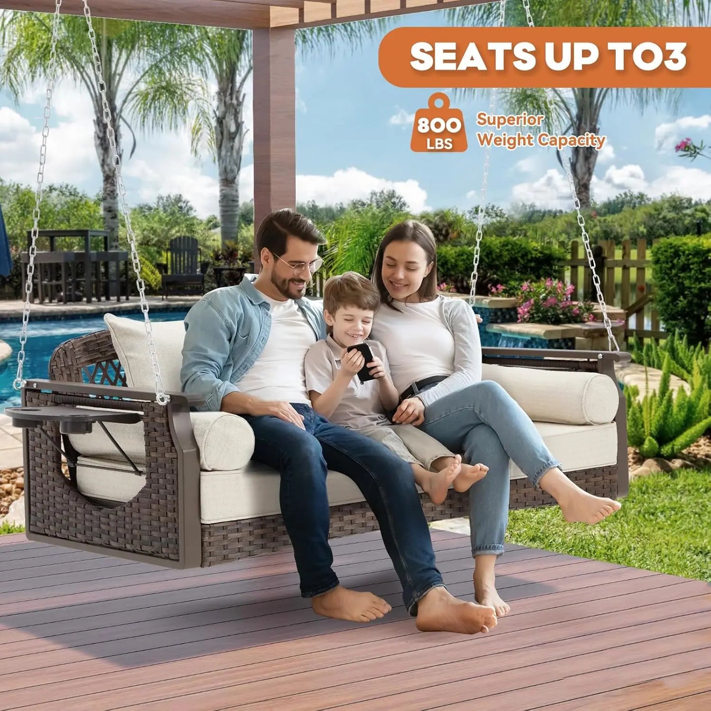Wicker Porch Swing With Cup Holders And Cushions For Patio