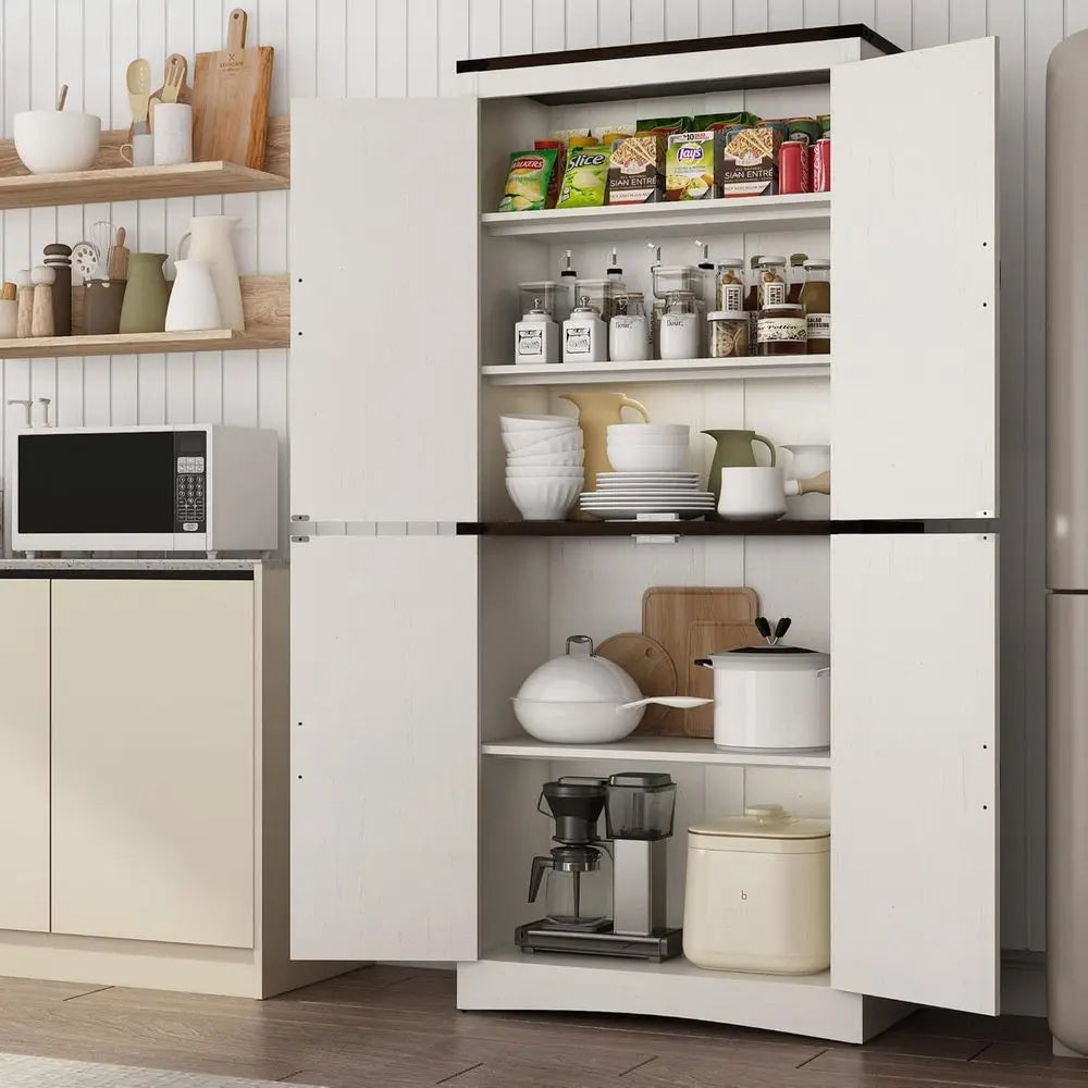 Farmhouse Kitchen Pantry Cabinet With Four Doors And Adjustable Shelves