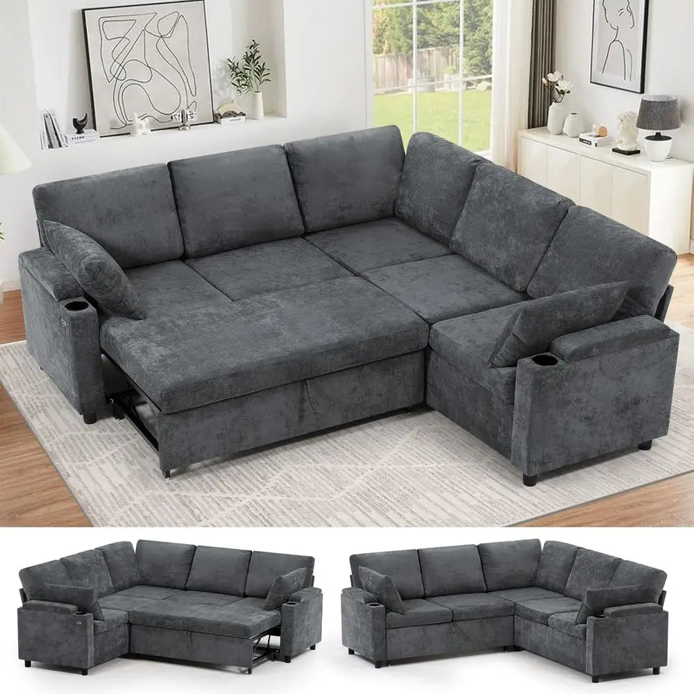 Chenille Reversible Sectional Sofa With Pull Out Bed And USB