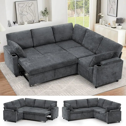 Chenille Reversible Sectional Sofa With Pull Out Bed And USB