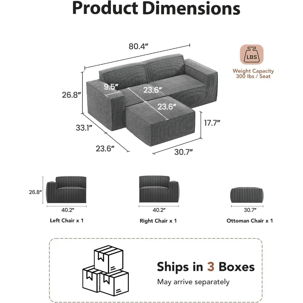 L Shaped Modular Sofa In Corduroy Fabric With High Back