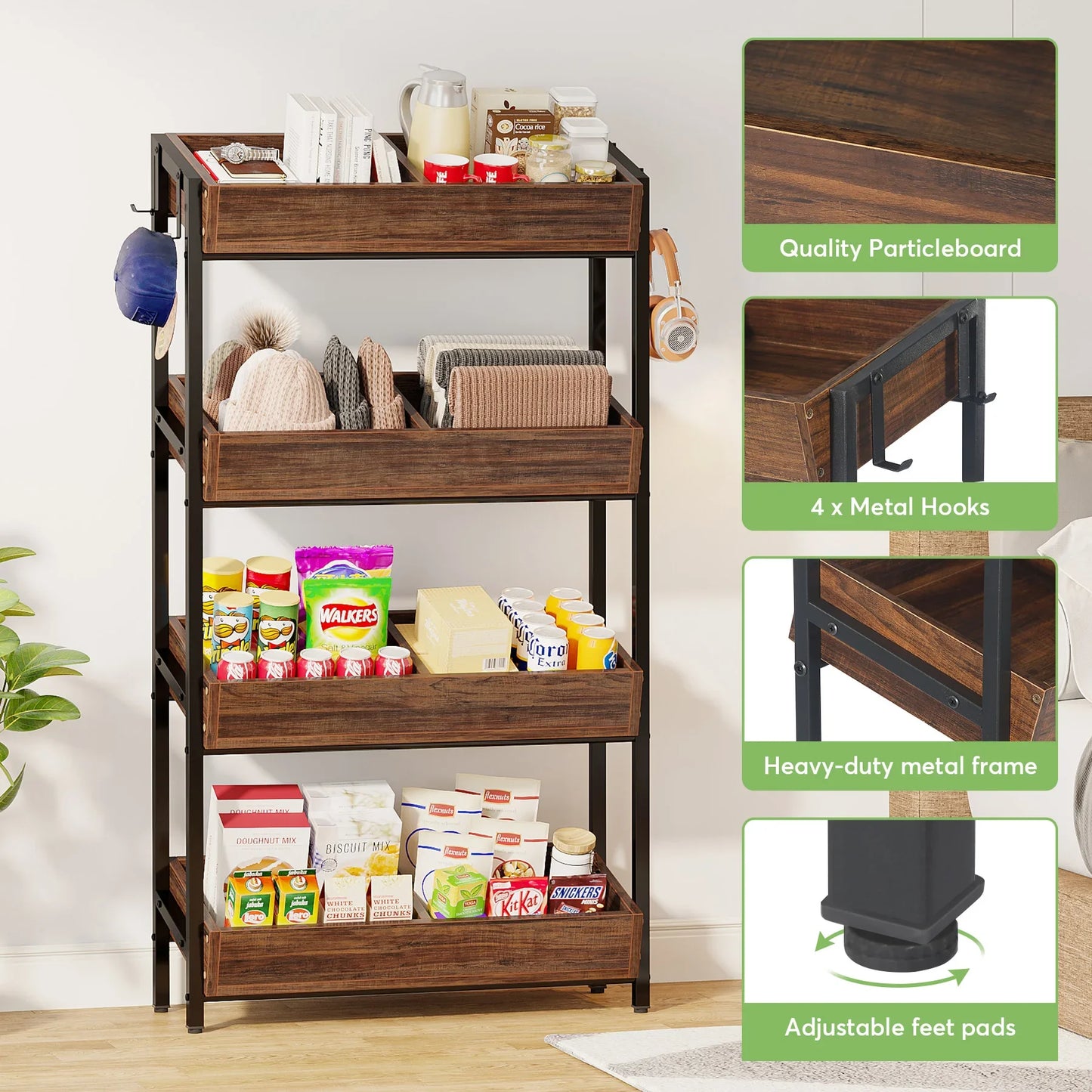 Tribesigns 4 Tier Wood Storage Shelves With Fruit And Vegetable Basket Stand