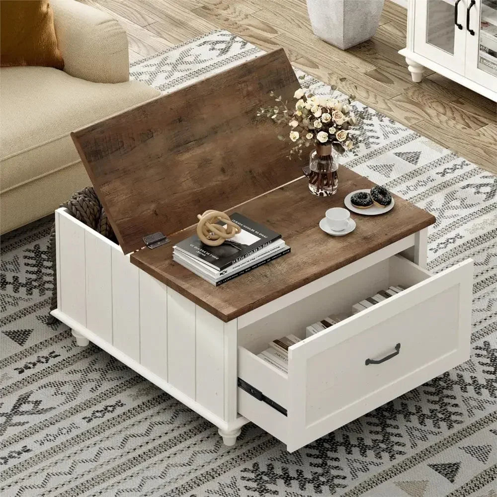 Solid Wood Lift Top Square Coffee Table With Storage Cabinet