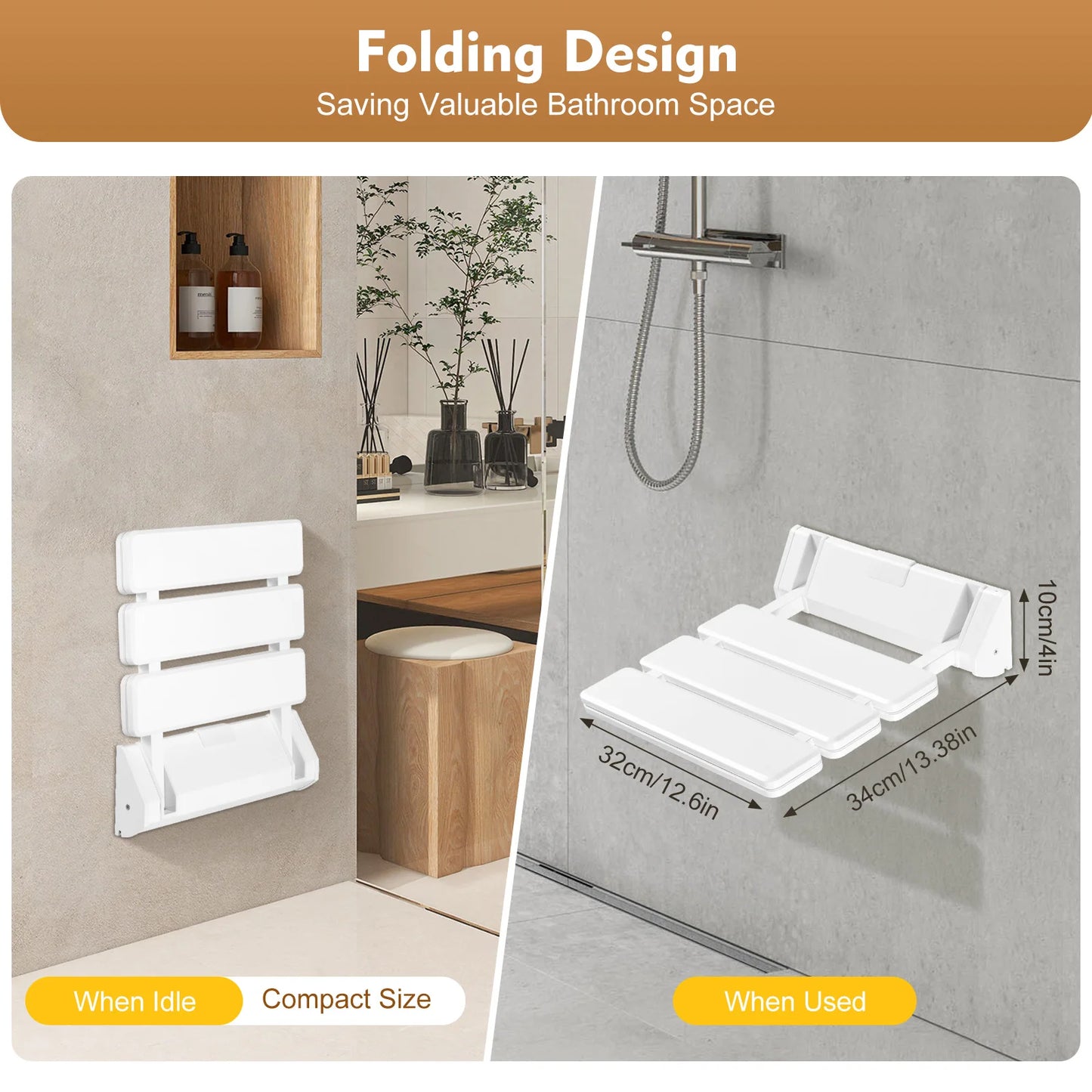 90 Degree Folding Shower Seat Wall Mounted Waterproof Bench Aluminum Alloy
