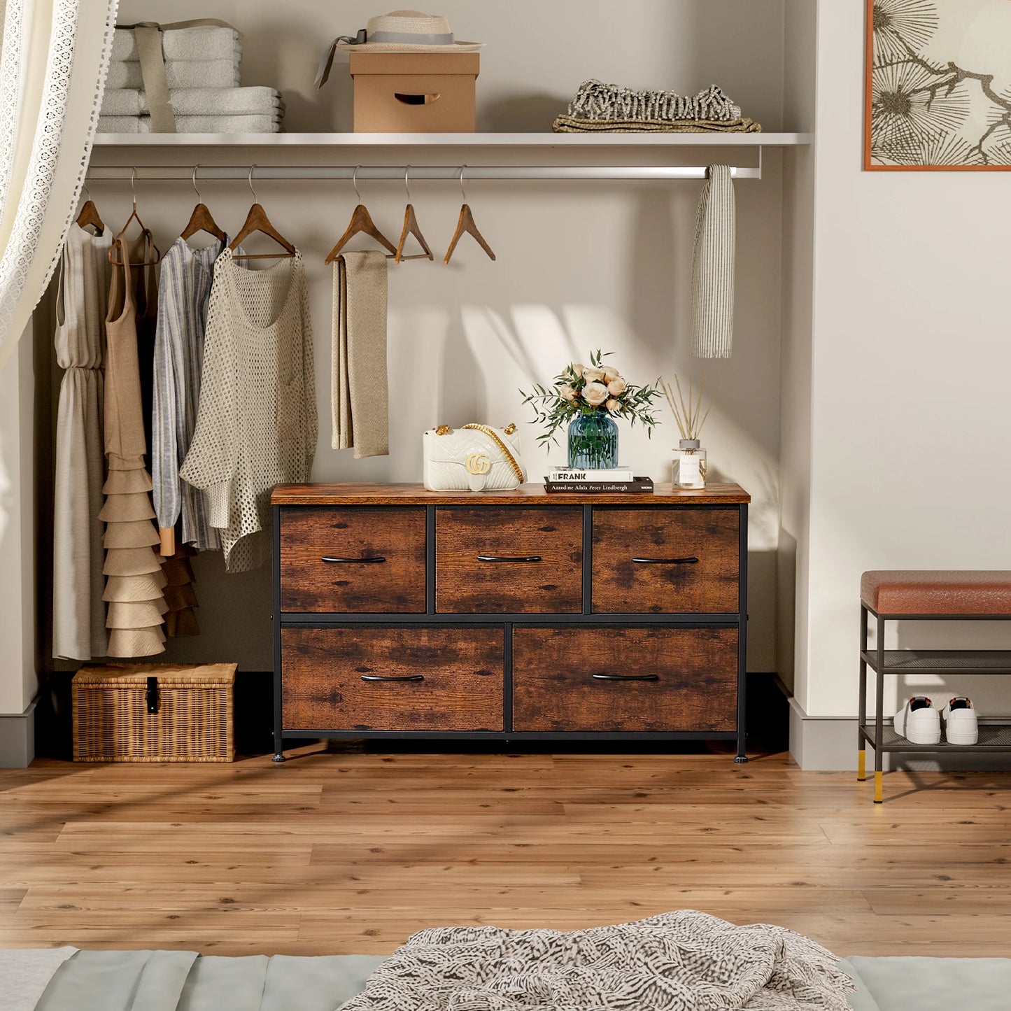 JHK Modern Living Room Display Cabinet With Fabric Drawers
