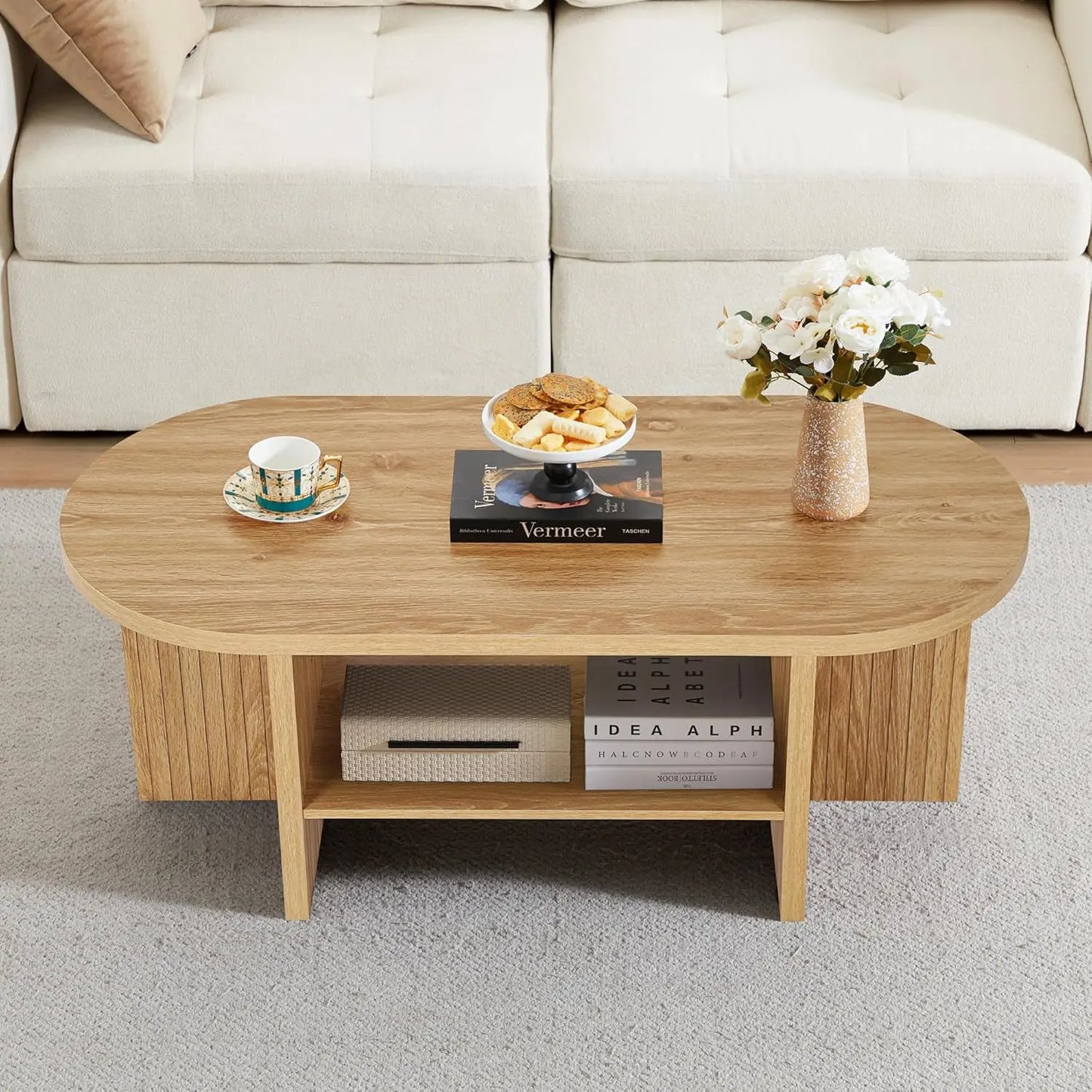Oval Minimalist Farmhouse Coffee Table With Storage