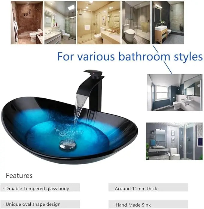 YANKSMART Monite Tempered Glass Bathroom Sink Set Oval Above Counter