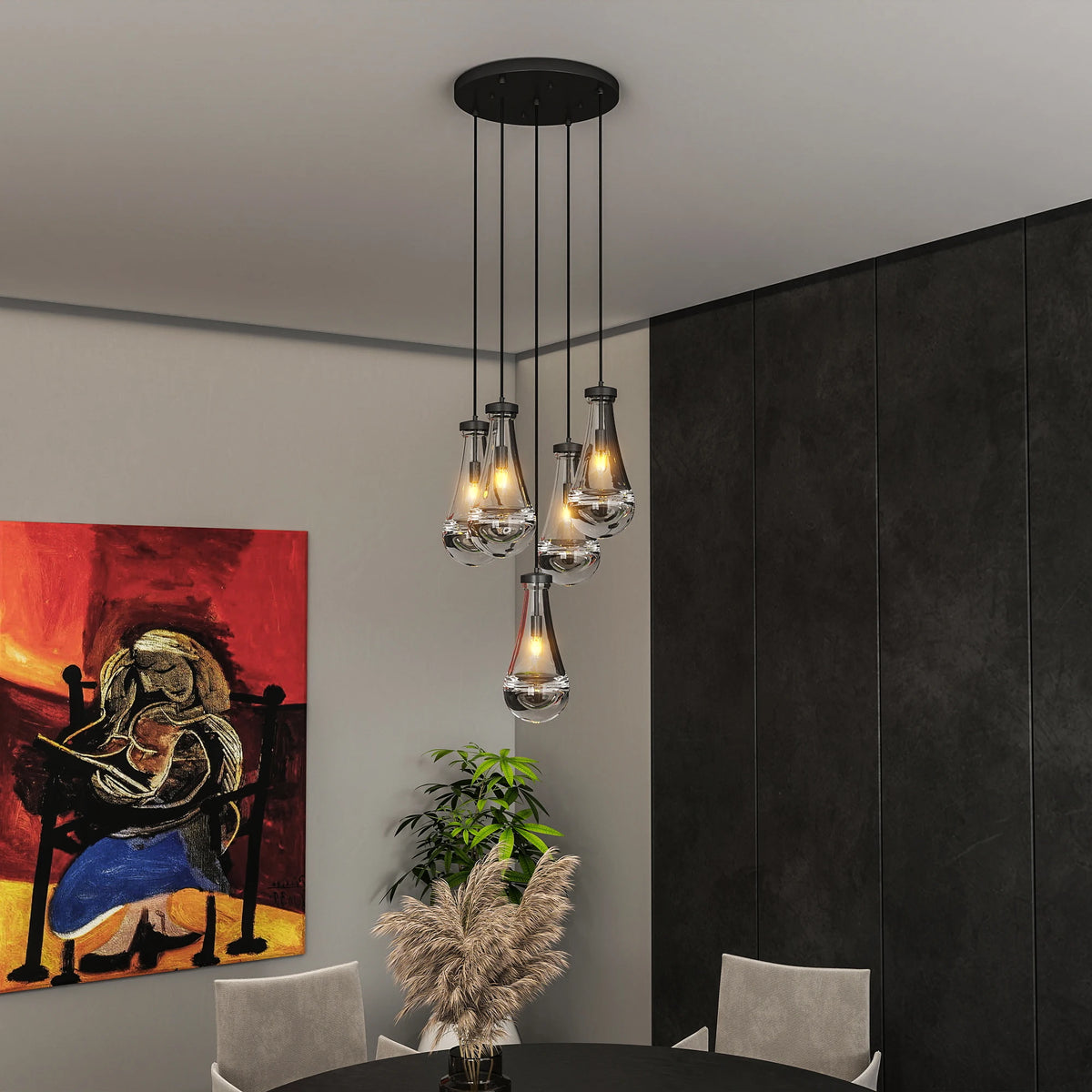 5 Light Cluster Pendant Lights, Black High Ceiling Chandeliers Adjustable, Living Room Pendant Light, E12 not including bulb
