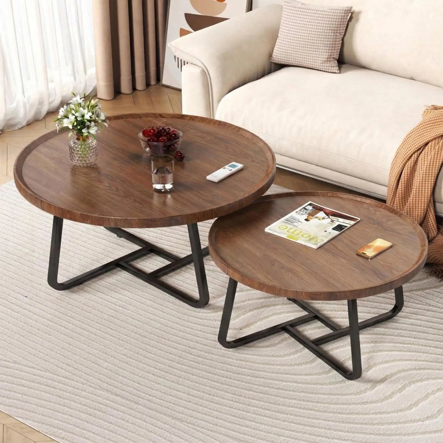 HiMISS Mid Century Modern Nesting Coffee Tables Sturdy Metal Frame