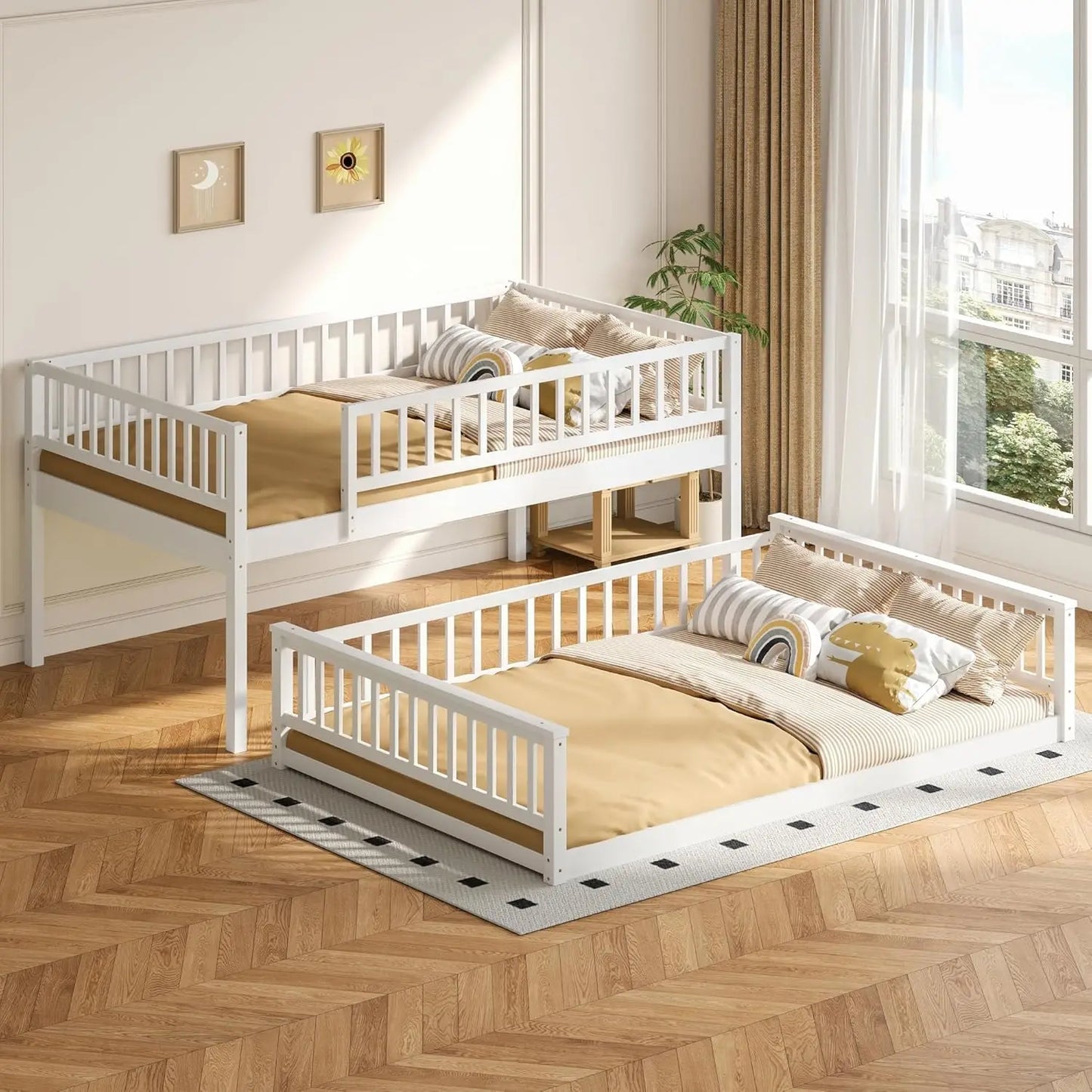 Floor Bunk Bed For Kids With Sturdy Ladder And Guardrail