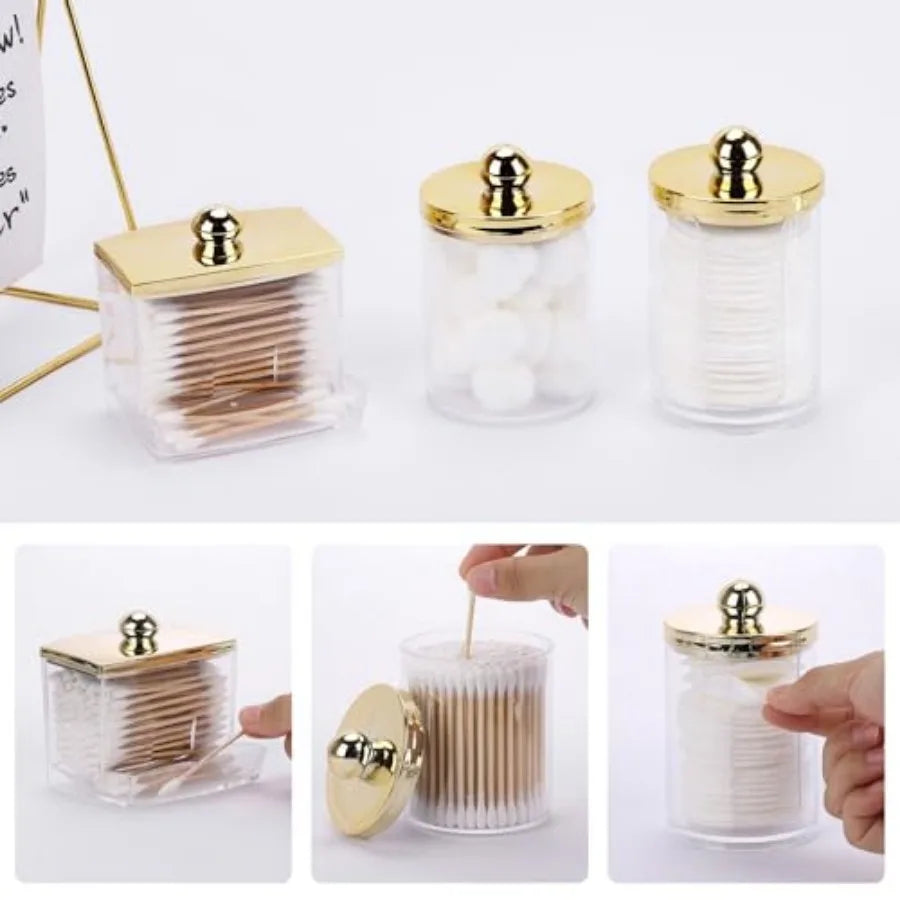 3 Pack Q Tips Dispenser Set For Bathroom Organization With Gold Lids