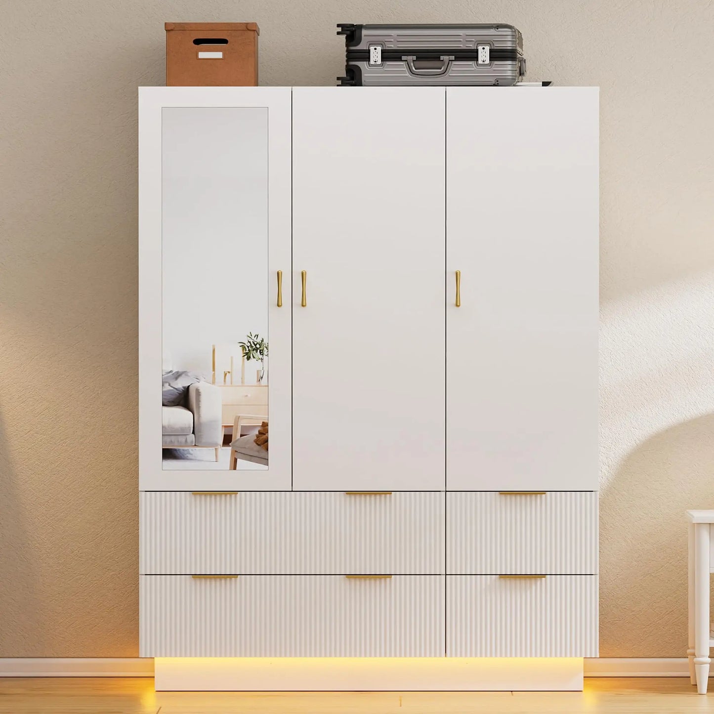 Armoire Wardrobe With Drawers Mirror LED Light Hanging Rod