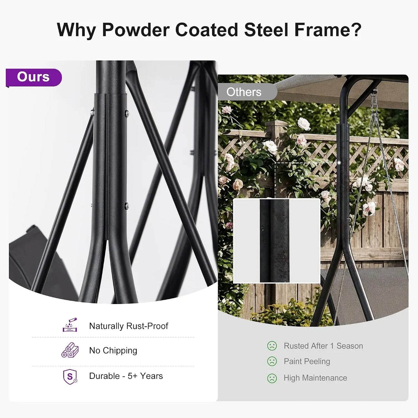 Porch Swing With Tilt Canopy Steel Frame 3 Seat Outdoor