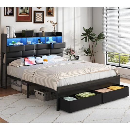 Bed Frame With Storage Headboard And Four Drawers With Charging