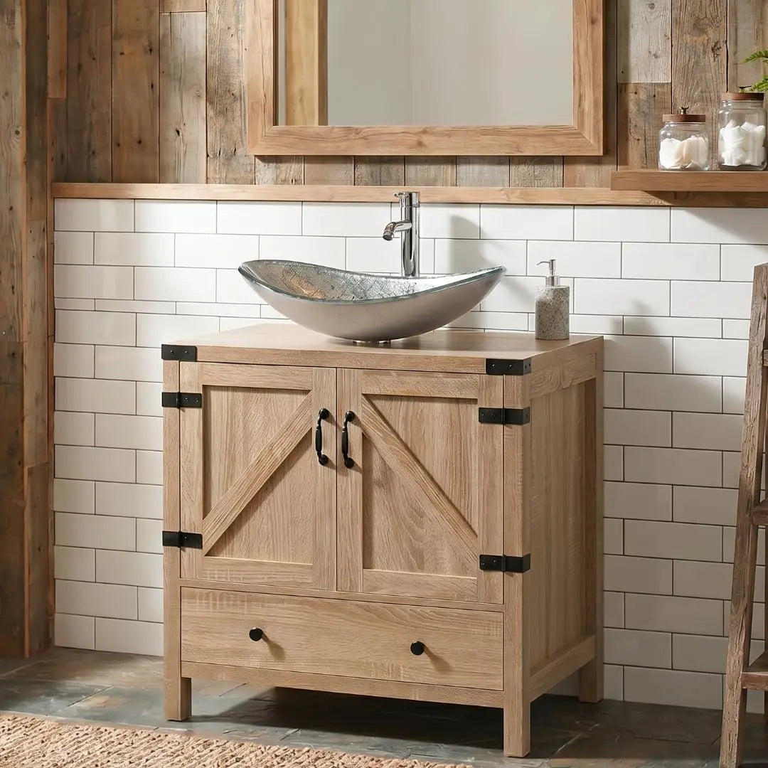 Rustic Bathroom Vanity With Pedestal Cabinet And Vessel Sink