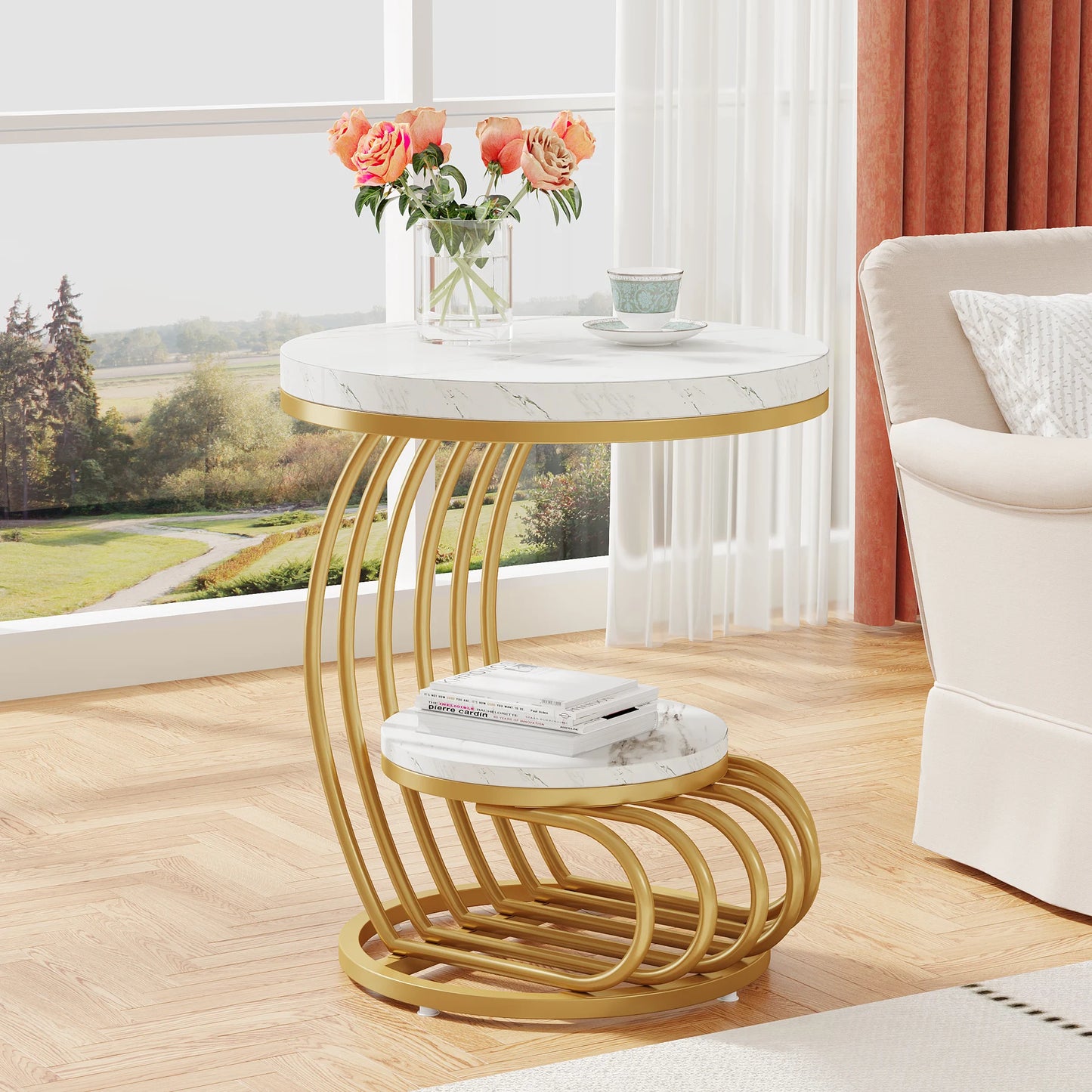 Tribesigns Round End Table 2 Tiers Faux Marble Shelf