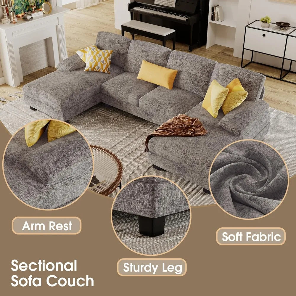 Combination U Shaped Sectional Sofa Linen Fabric Chaise 4 Seat