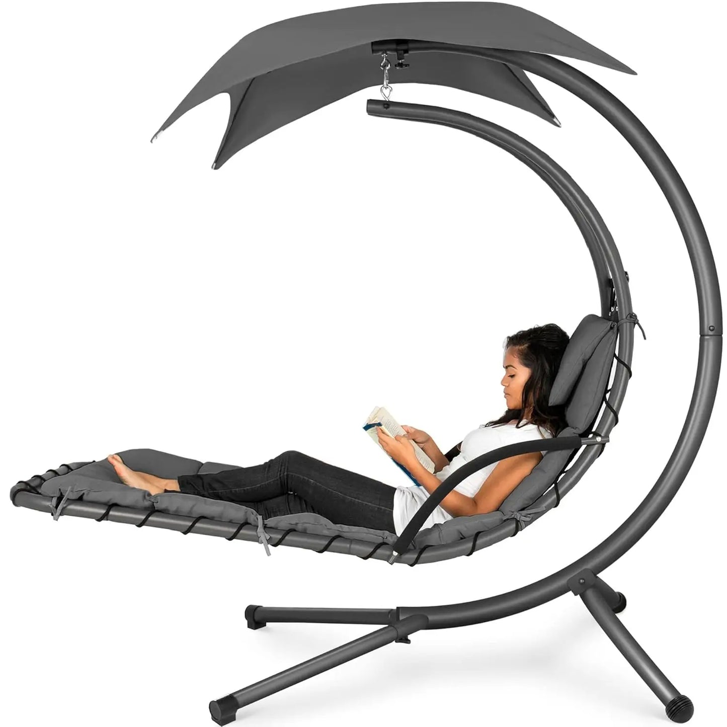 Outdoor Hanging Steel Chaise Lounge Chair With Swing Canopy Pillow