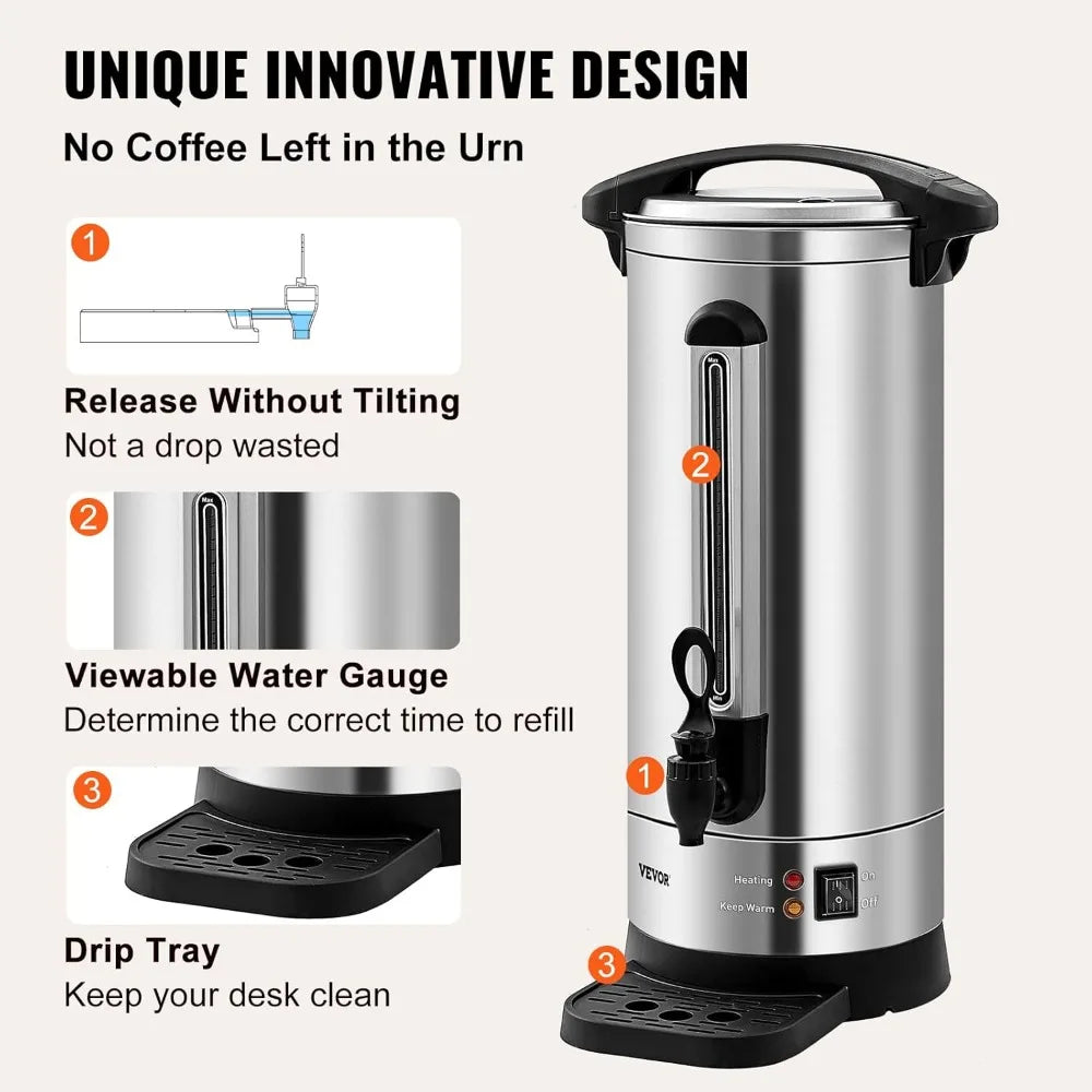Large Coffee Urn 1500W Electric Stainless Steel Hot Water Dispenser