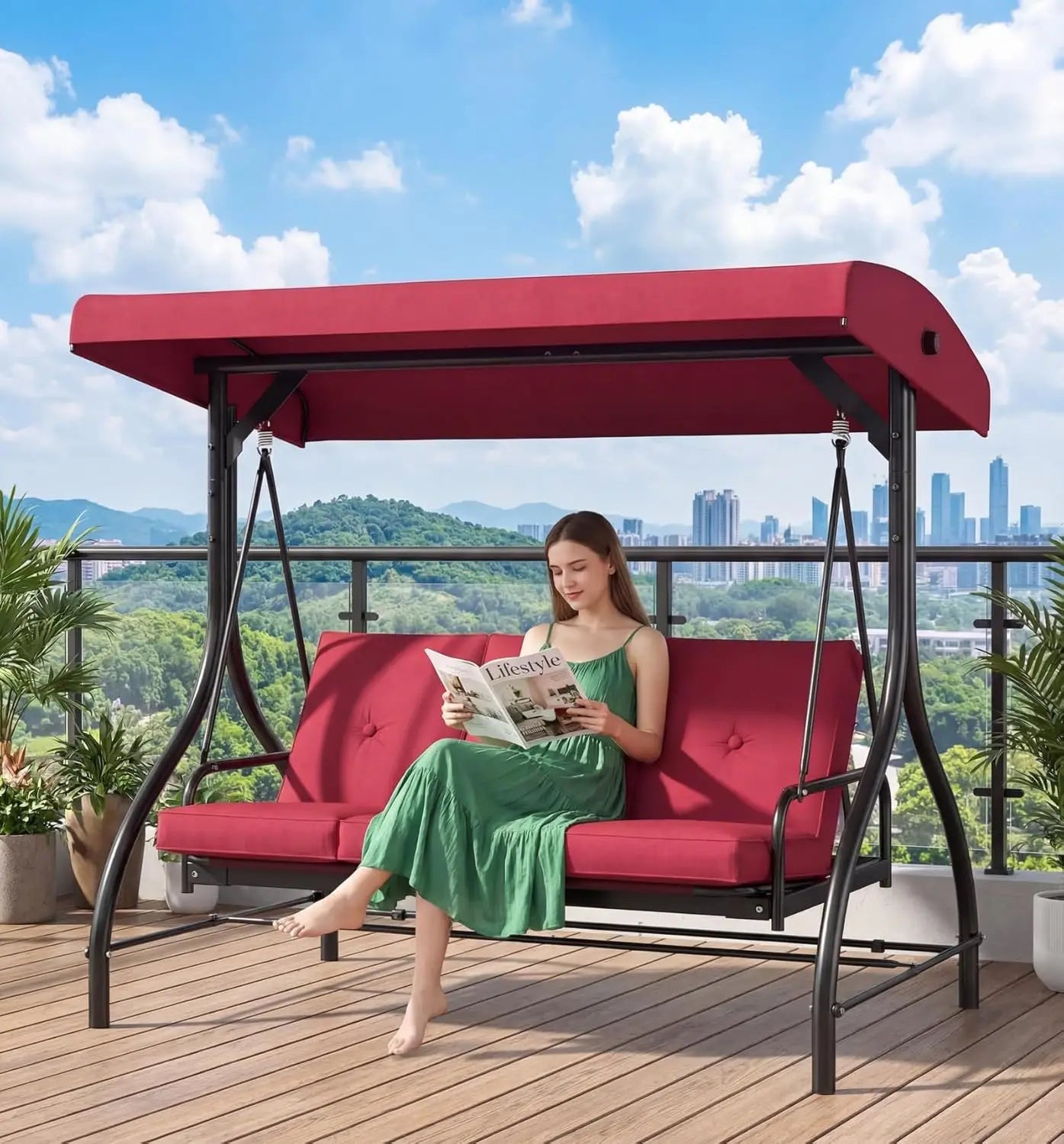 Three Seat Patio Swing With Adjustable Canopy And Backrest For Outdoor Use
