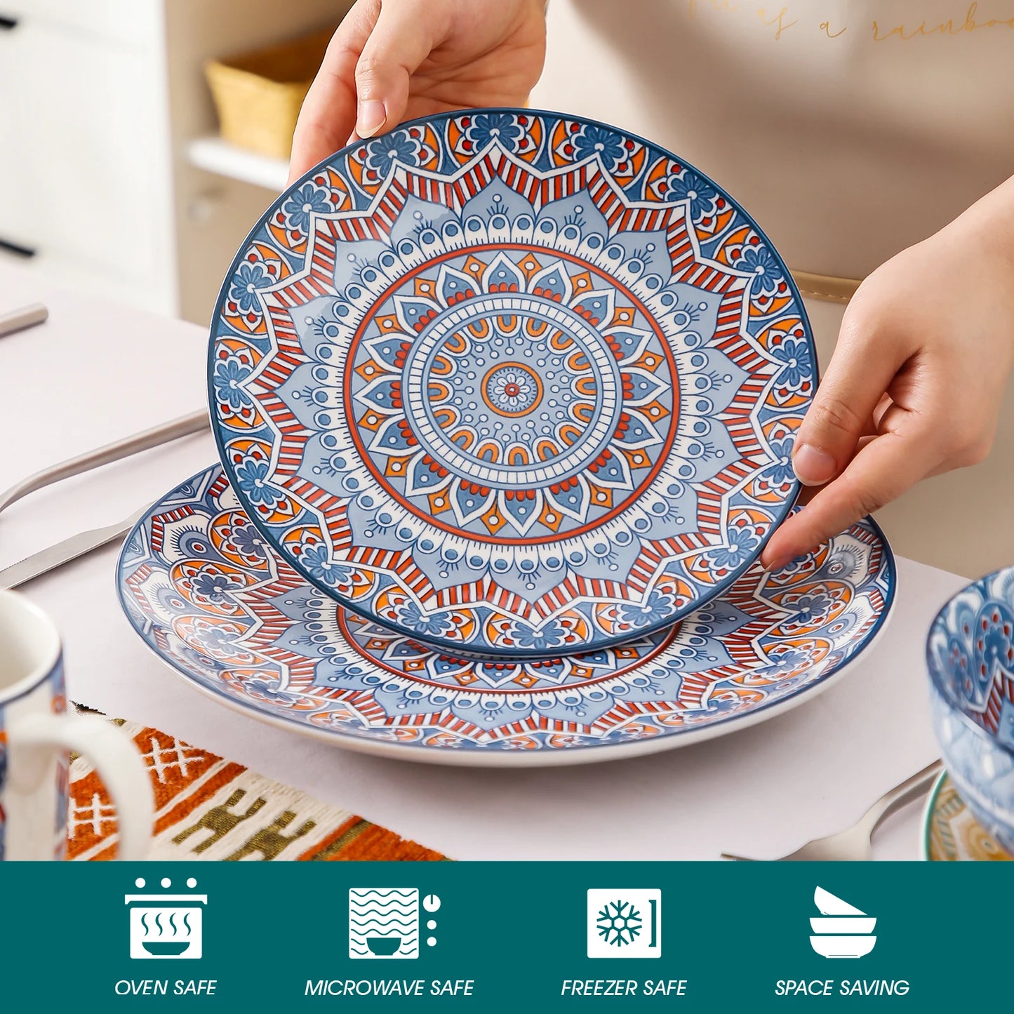 MALACASA Bohemian Mandala Ceramic Dinnerware Set With Plates Bowls Mugs