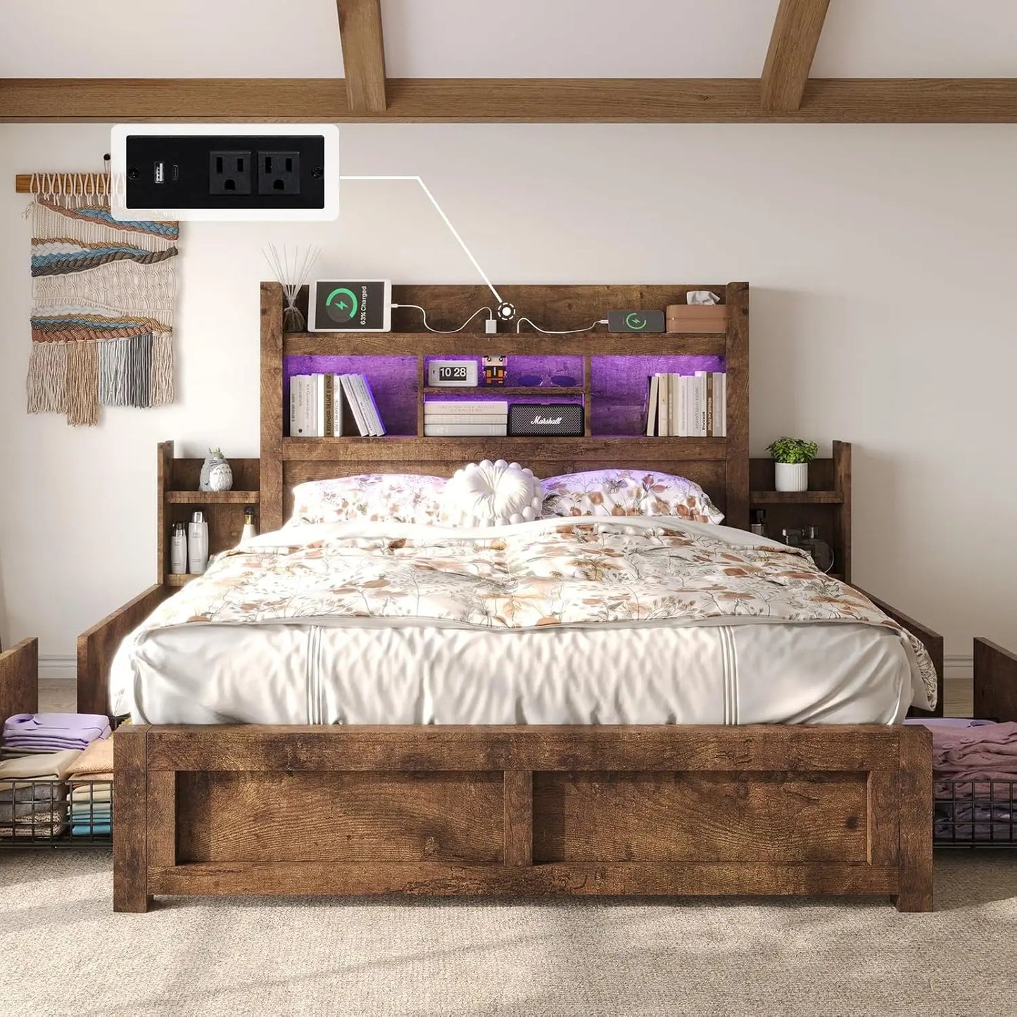 Bed Frame With Bookcase Headboard Farmhouse Wood Detachable Storage Drawers