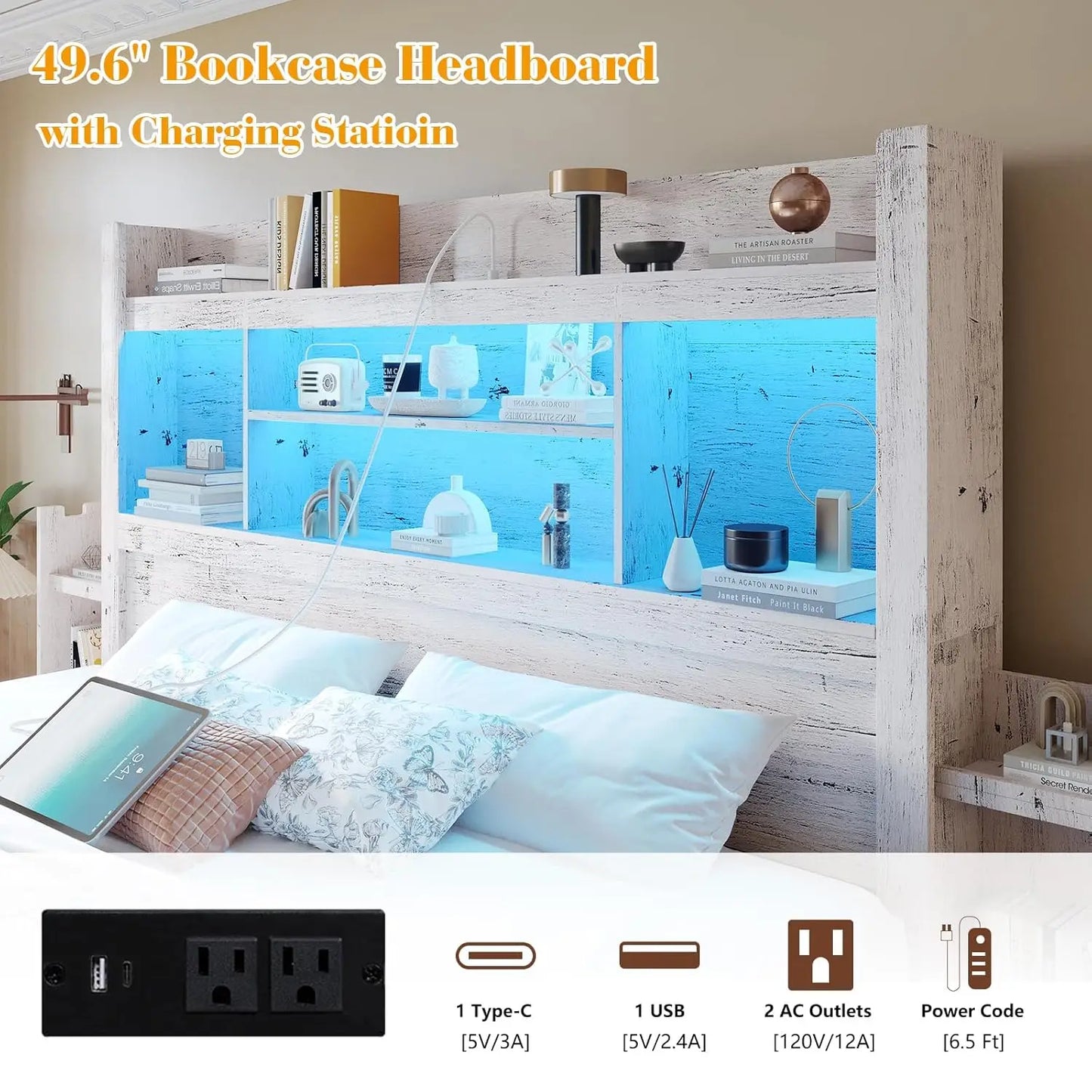 Bed Frame With Bookcase Headboard Farmhouse Wood Detachable Storage Drawers