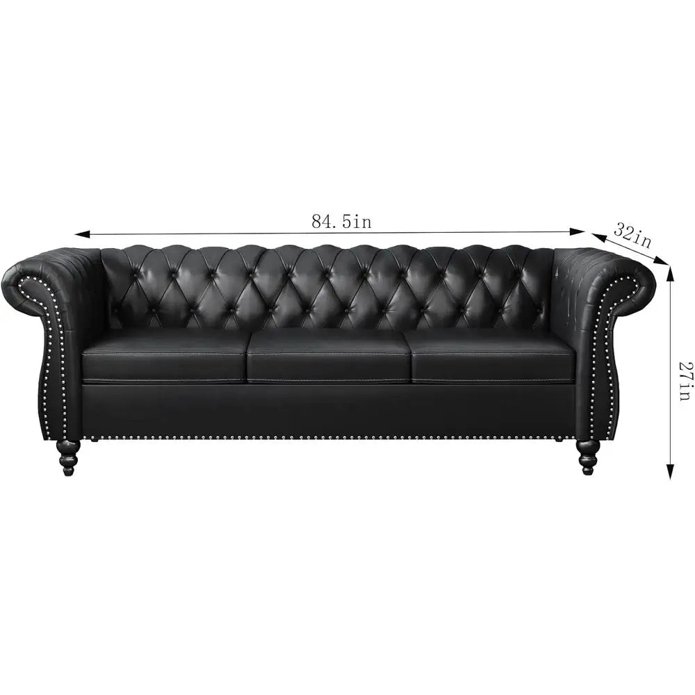 Chesterfield Leather Sofa and Loveseat Set with Scroll Arm