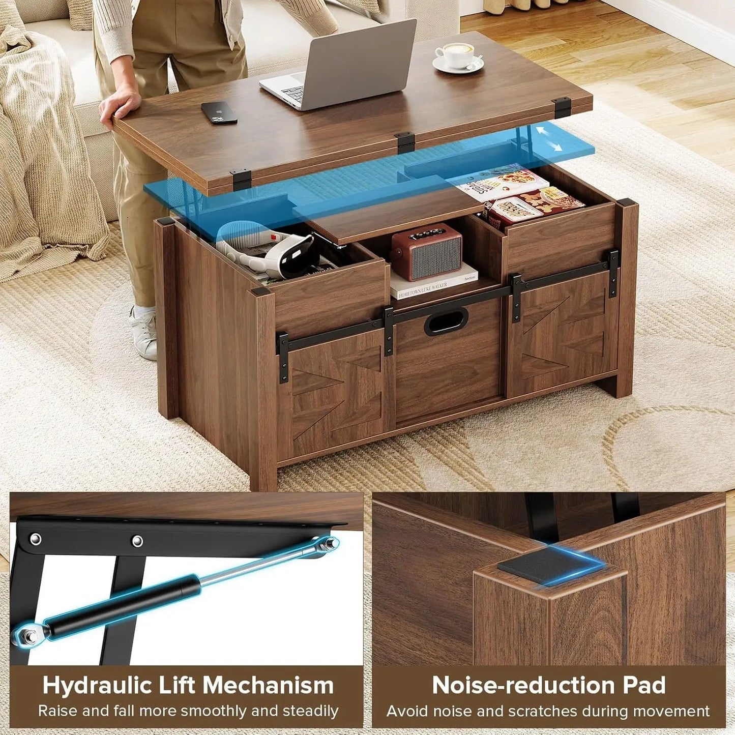 Farmhouse Lift Top Coffee Table With Sliding Barn Door