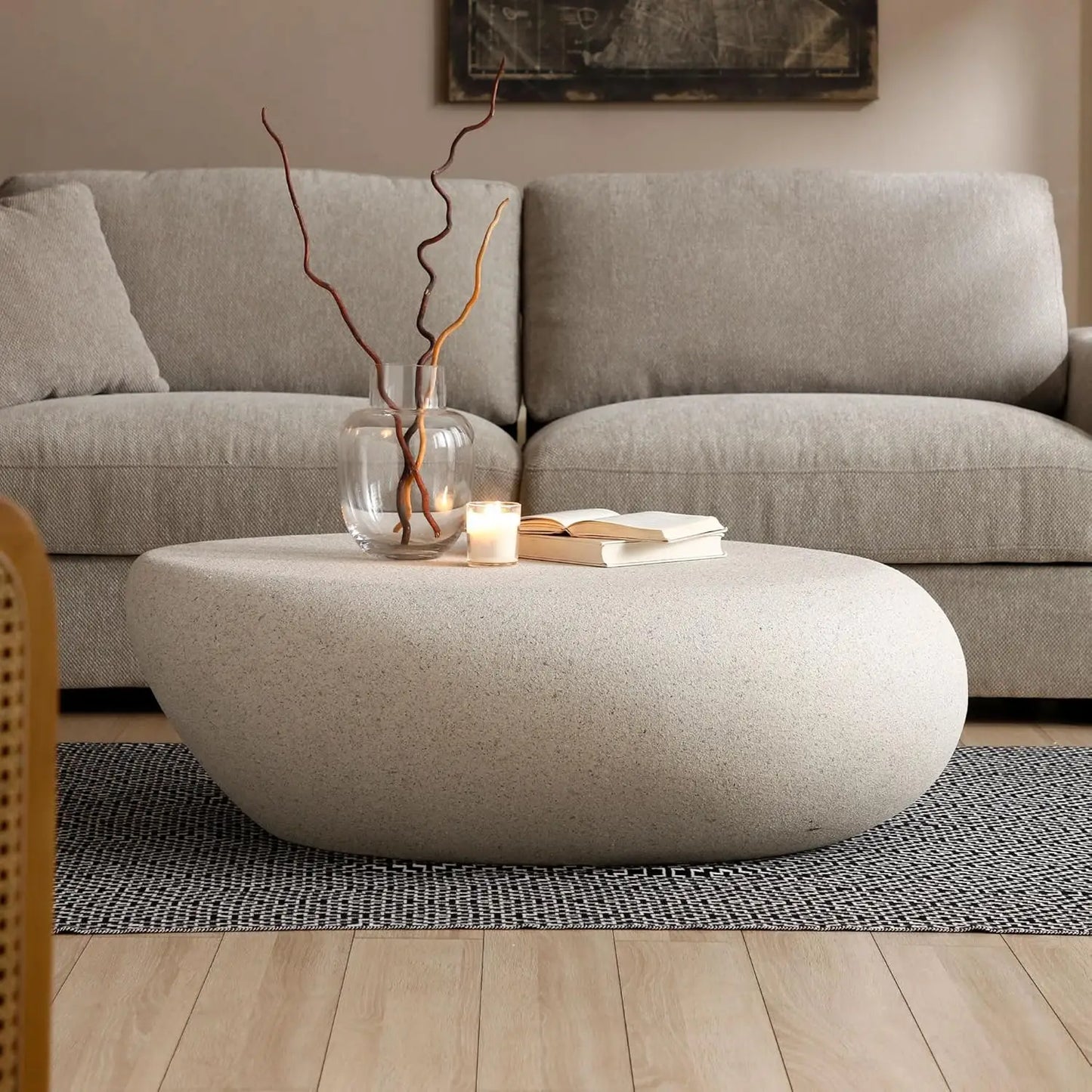 Oval Faux Stone Coffee Table Minimalist Fiberglass For Living Room
