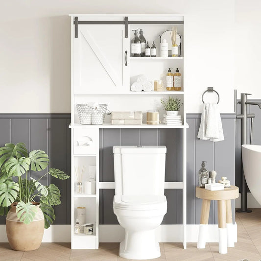Over Toilet Cabinet With Sliding Barn Door And Built In Toilet Paper Holder