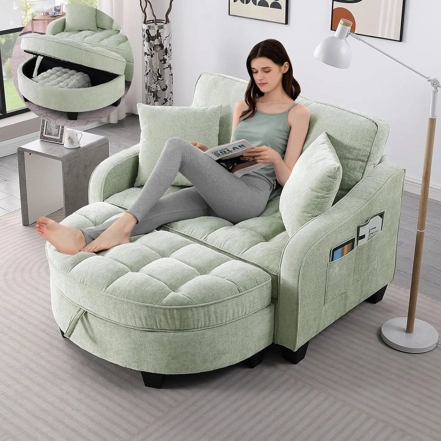 Oversized Curved Chaise Lounge Chair With Ottoman Indoor Soft Chenille