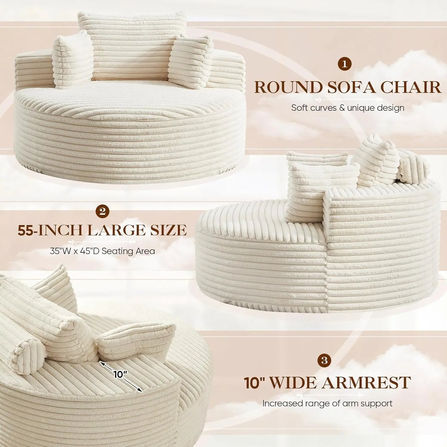 Oversized Round Chaise Lounge Chair Corduroy Deep Seat