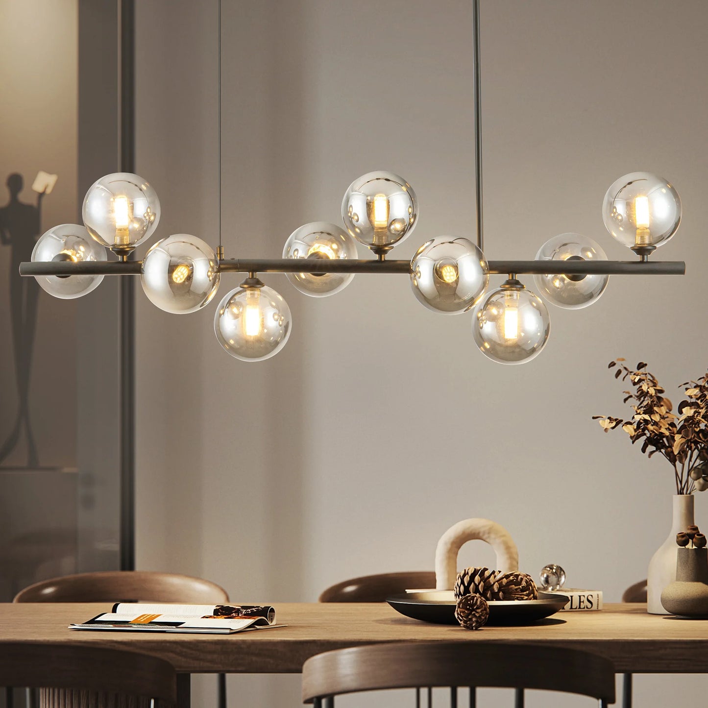 10 Light Adjustable Chandelier Mid Century Modern Glass Globes