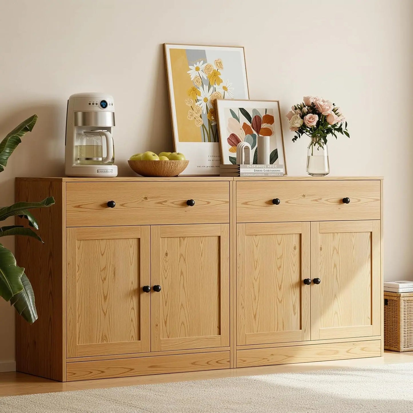 Wood TV Stand Media Console With Glass Doors And Drawers