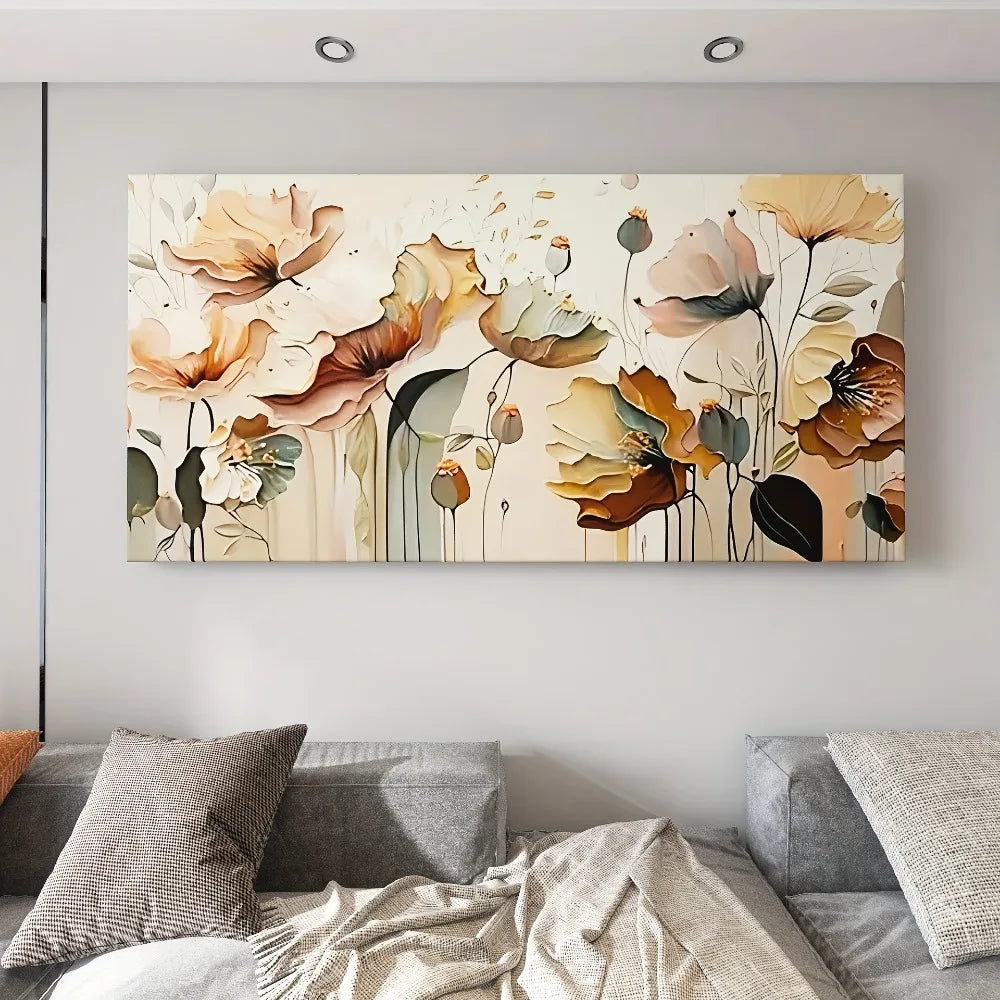 Abstract Floral Canvas Art With Pine Frame For Room Decor