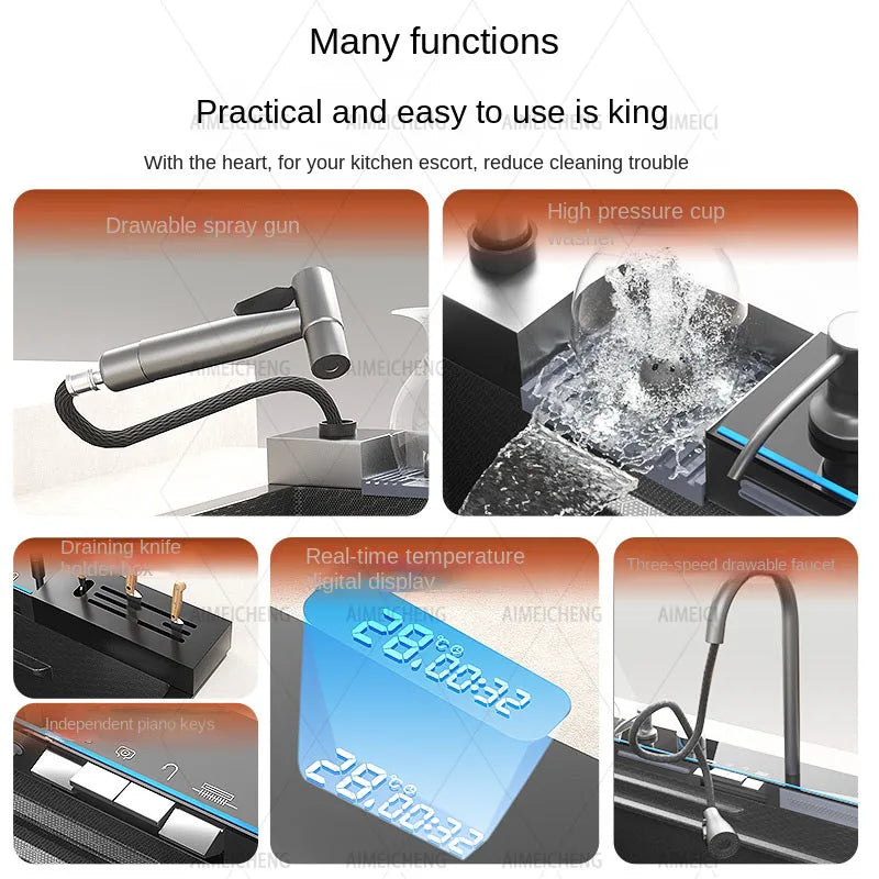 304 Stainless Steel Kitchen Waterfall Sink Digital Display Large Single Sink Dish Basin Sink With Multifunction Touch Waterfall