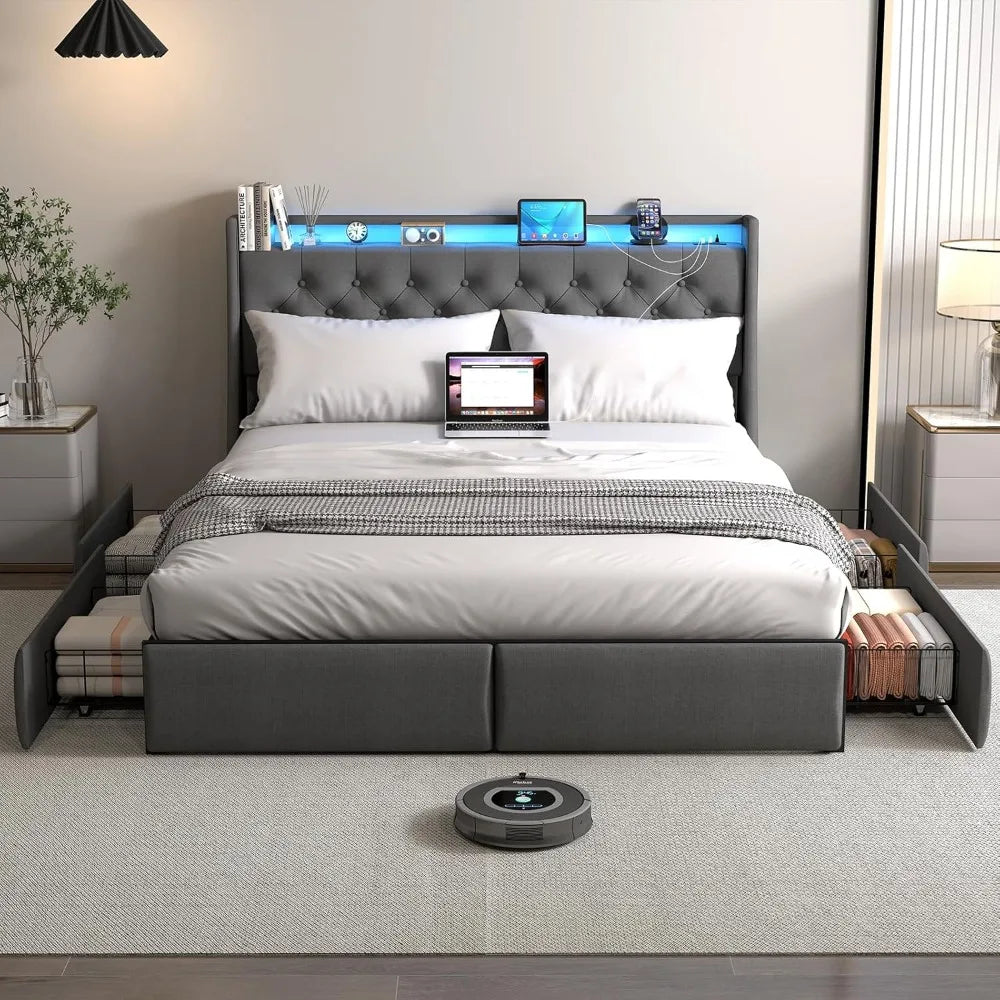 Bed Frame With Storage Drawers And Led Lights Upholstered Headboard