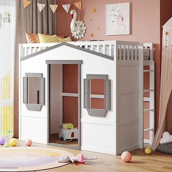 Playhouse Design Loft Bed With Built In Storage Wardrobe And Windows