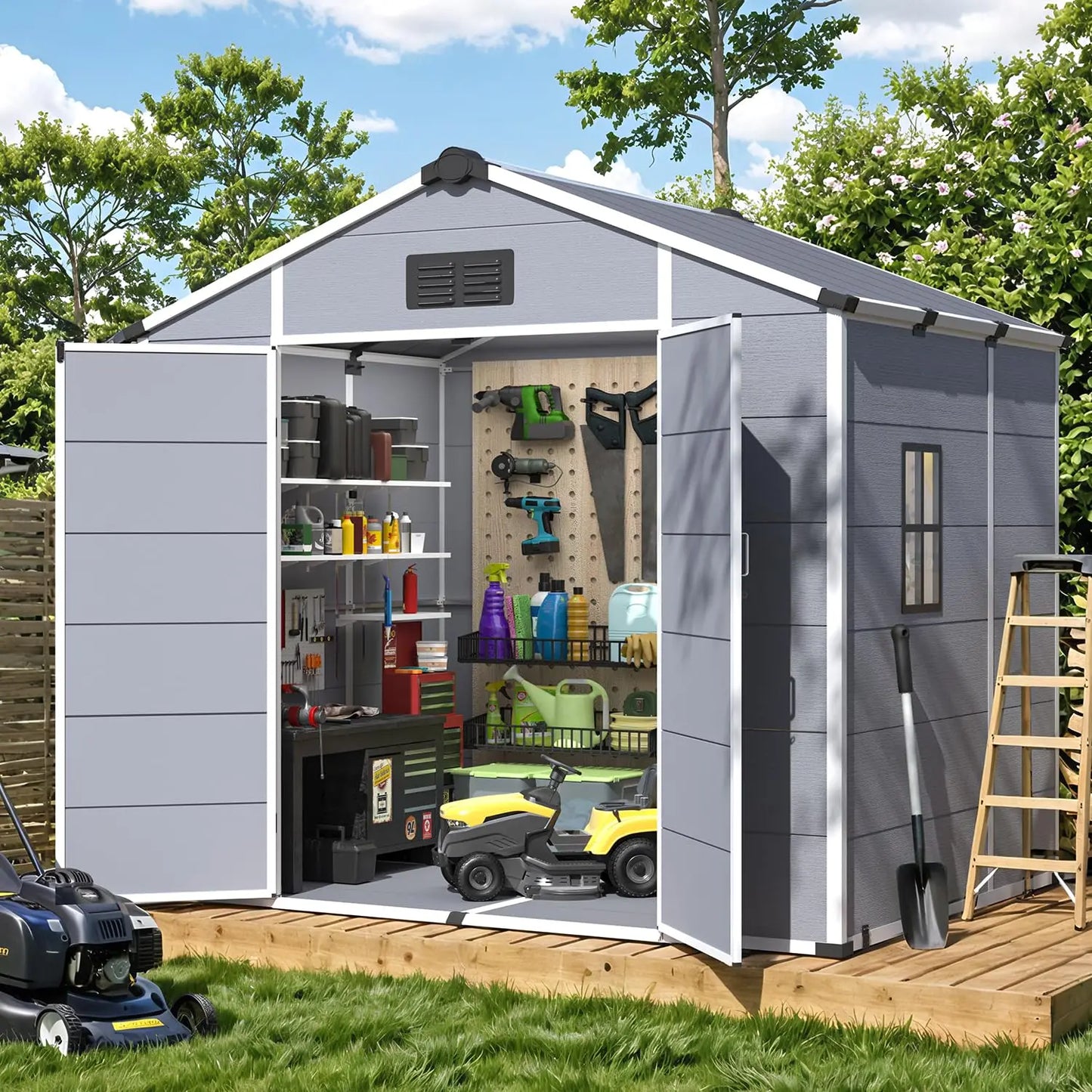Resin Outdoor Storage Shed With Windows And Lockable Door Floor
