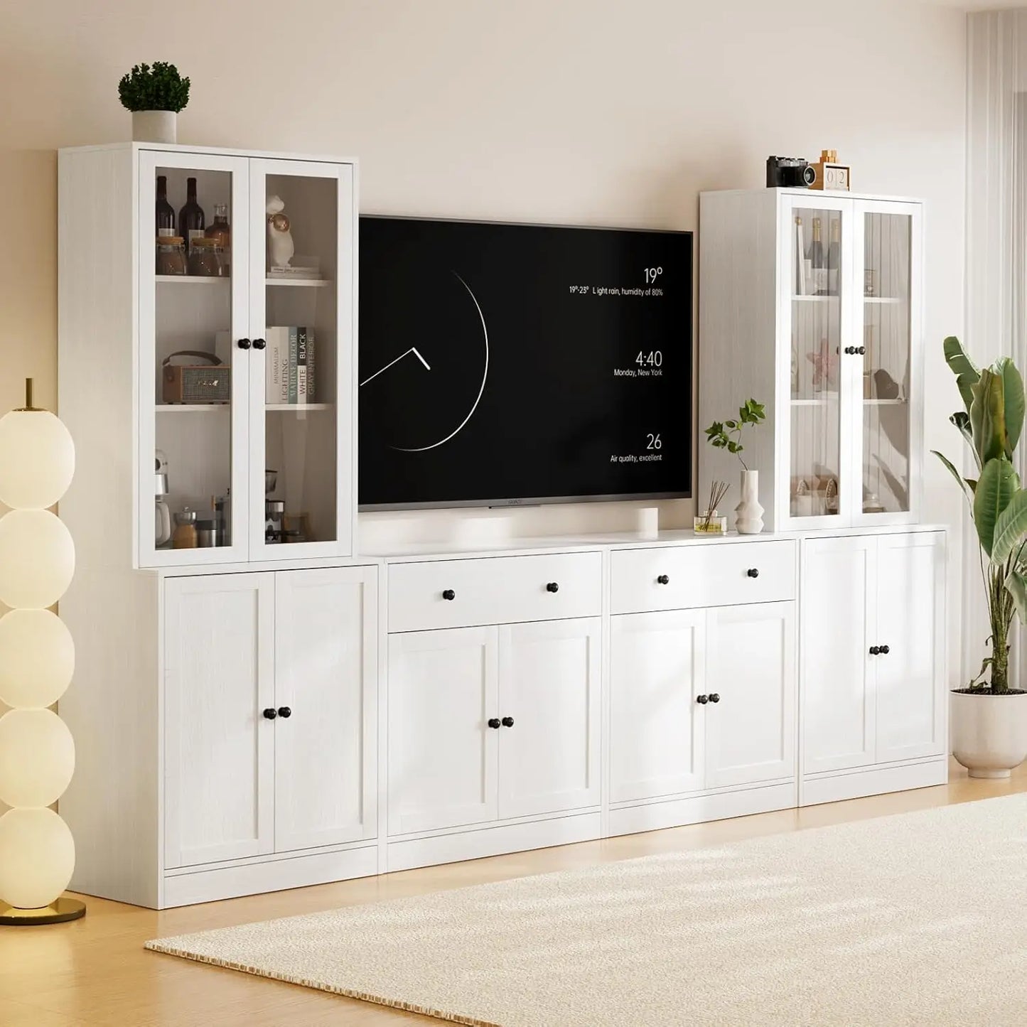 Wood TV Stand Media Console With Glass Doors And Drawers