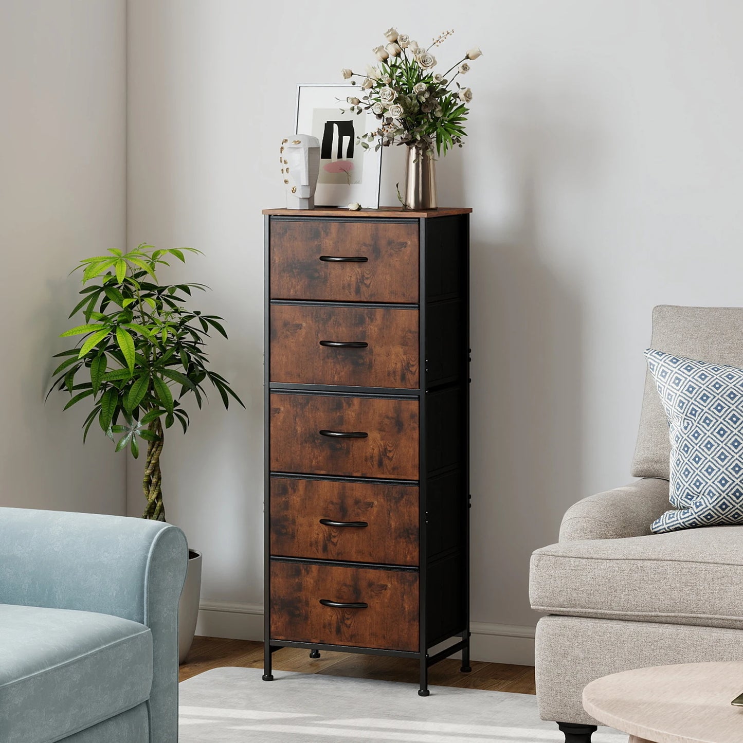 JHK Five Drawer Fabric Dresser With Steel Frame Closet