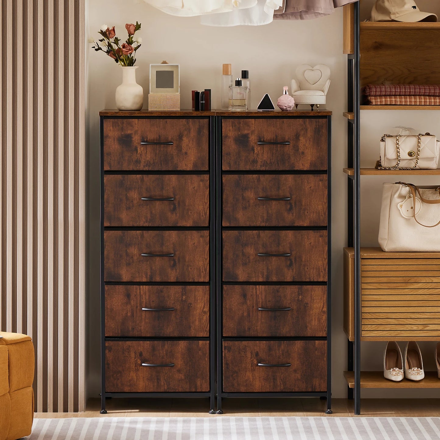 JHK Five Drawer Fabric Dresser With Steel Frame Closet