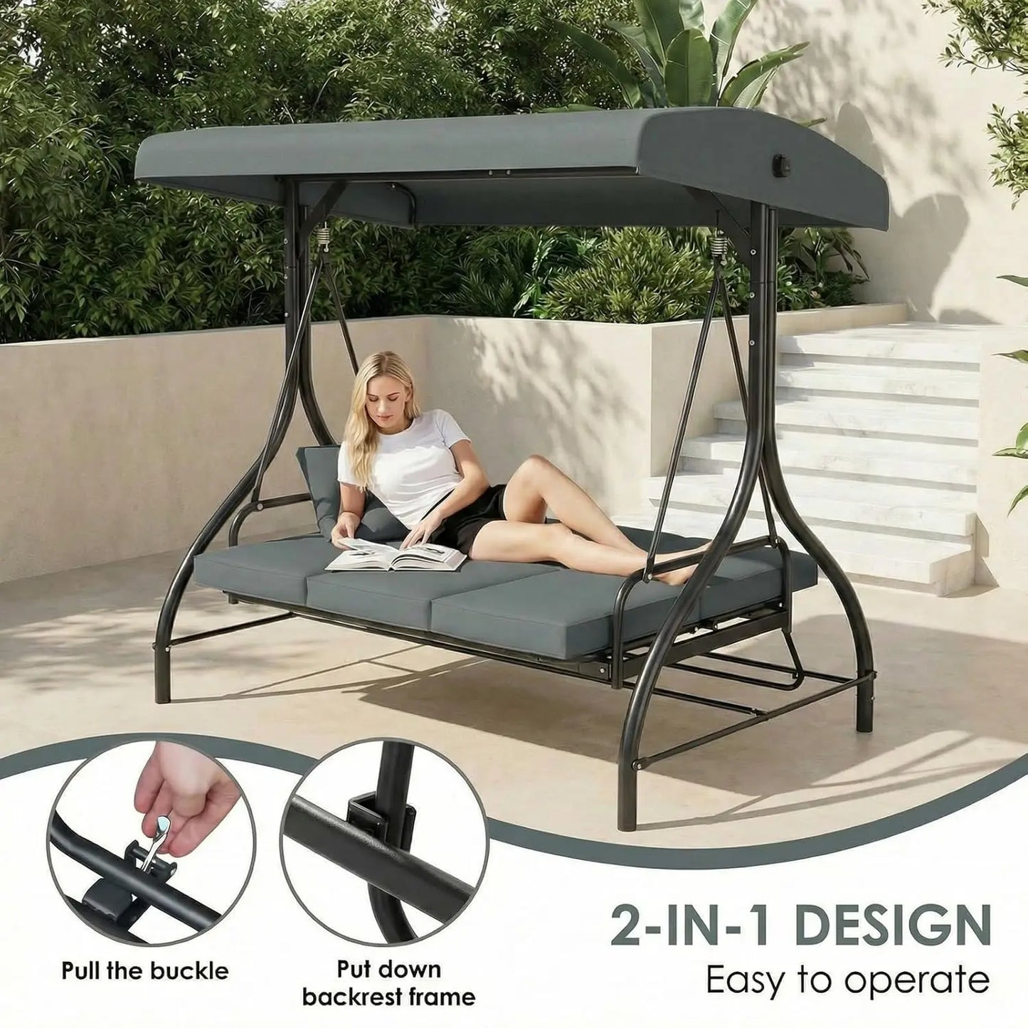 Three Seat Patio Swing With Adjustable Canopy And Backrest For Outdoor Use