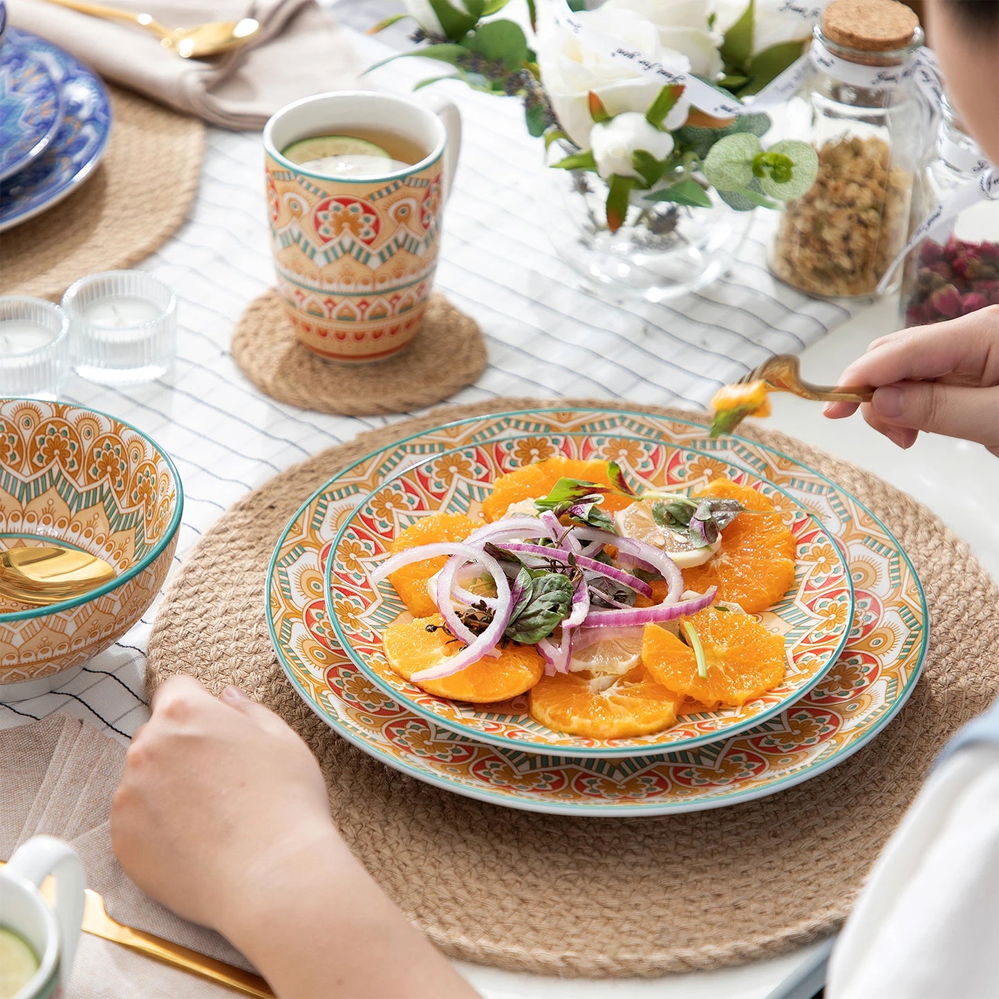 MALACASA Bohemian Mandala Ceramic Dinnerware Set With Plates Bowls Mugs