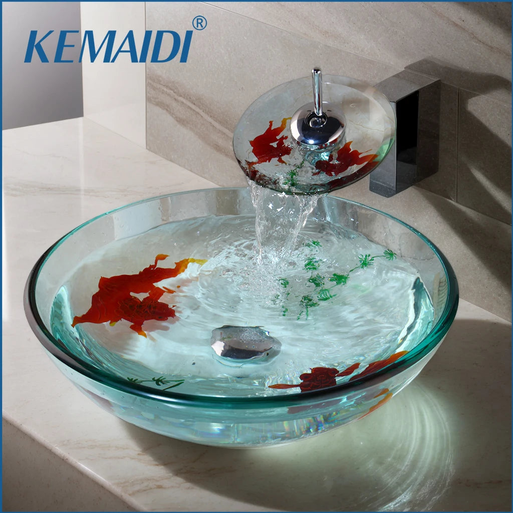 Mekhala Tempered Glass Vessel Sink And Faucet Set