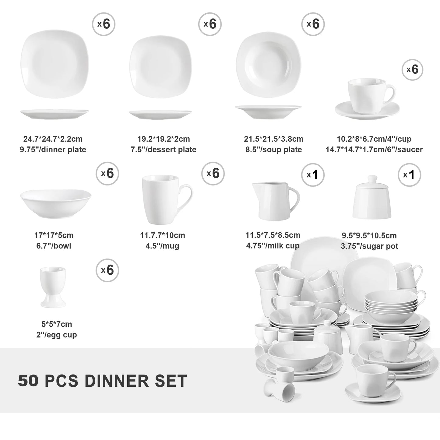 MALACASA Elisa 50 Piece Porcelain Dinnerware Set Service For 6