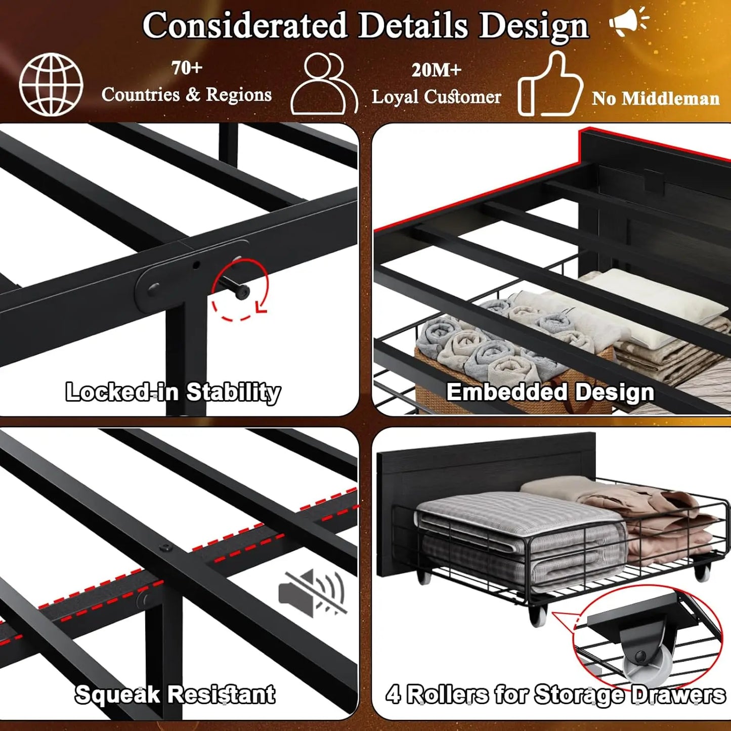 Guangbai Bed Frame With Storage Headboard Bookshelf Drawers